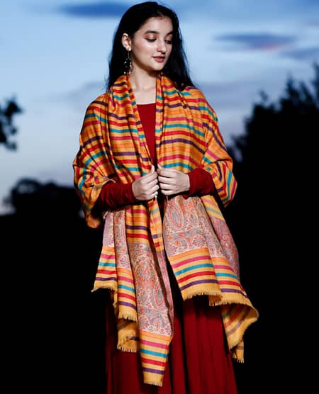 Shawl Semi Pashmina Floral Border Centre Stripe Yellow